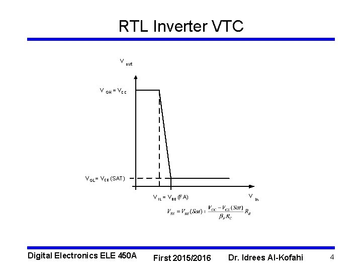 RTL Inverter VTC V out V OH = VCC VOL = VCE (SAT) V RTL Inverter VTC V out V OH = VCC VOL = VCE (SAT) V