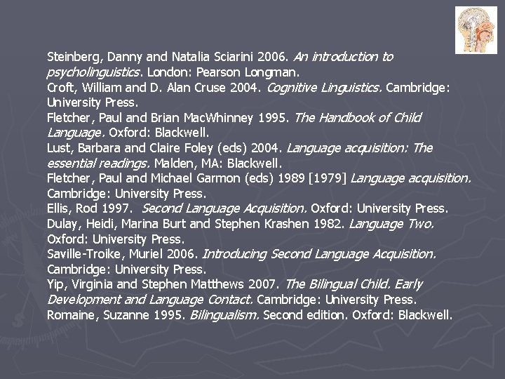 Steinberg, Danny and Natalia Sciarini 2006. An introduction to psycholinguistics. London: Pearson Longman. Croft,