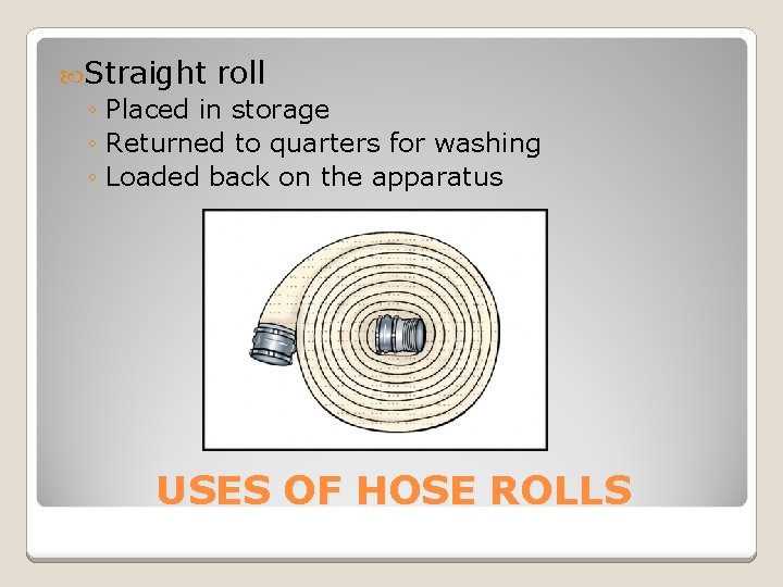  Straight roll ◦ Placed in storage ◦ Returned to quarters for washing ◦