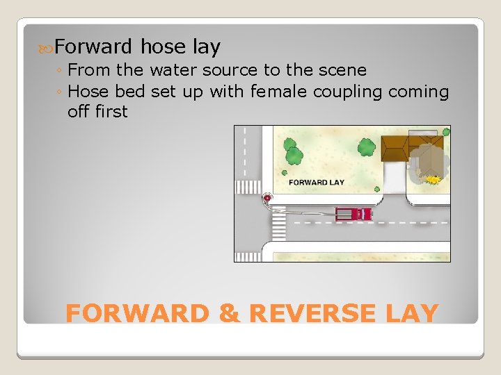  Forward hose lay ◦ From the water source to the scene ◦ Hose