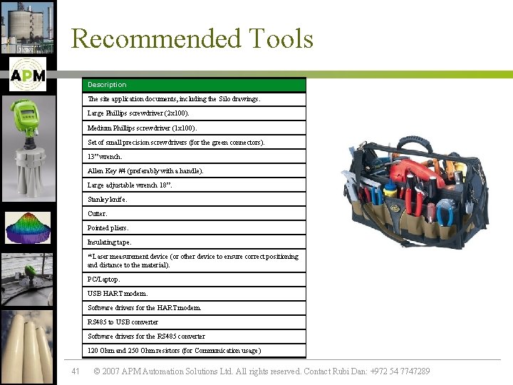 Recommended Tools Description The site application documents, including the Silo drawings. Large Phillips screwdriver