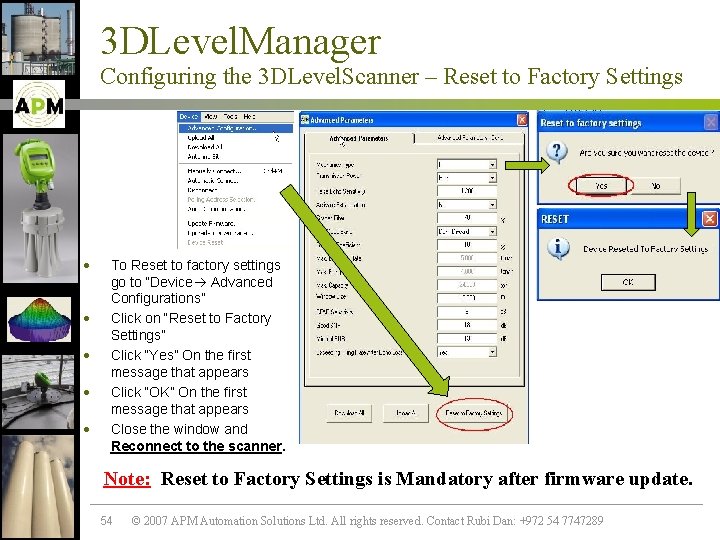 3 DLevel. Manager Configuring the 3 DLevel. Scanner – Reset to Factory Settings ·