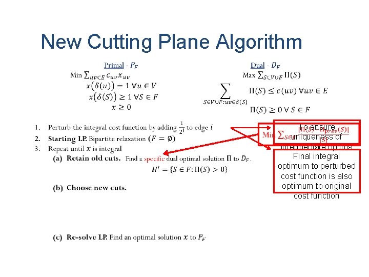 New Cutting Plane Algorithm To ensure uniqueness of intermediate optima Final integral optimum to