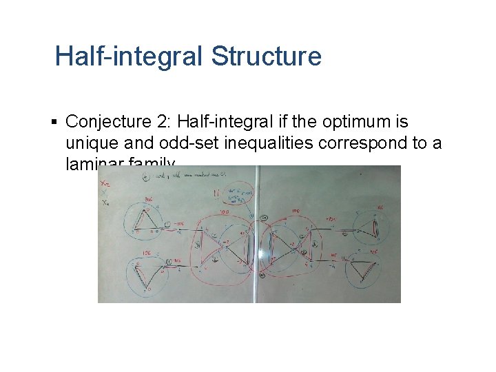 Half-integral Structure § Conjecture 2: Half-integral if the optimum is unique and odd-set inequalities