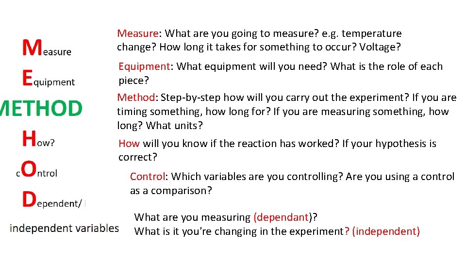 Measure: What are you going to measure? e. g. temperature change? How long it