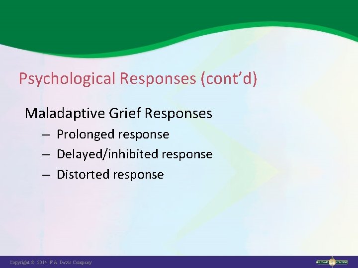 Psychological Responses (cont’d) Maladaptive Grief Responses – Prolonged response – Delayed/inhibited response – Distorted