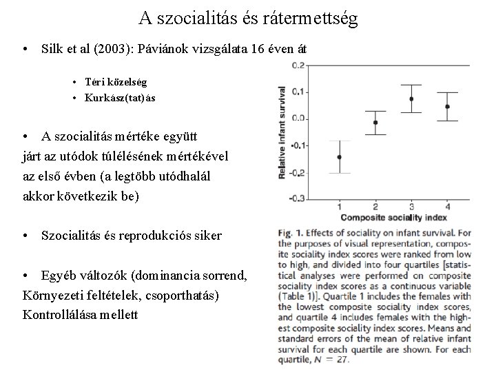 A szocialitás és rátermettség • Silk et al (2003): Páviánok vizsgálata 16 éven át