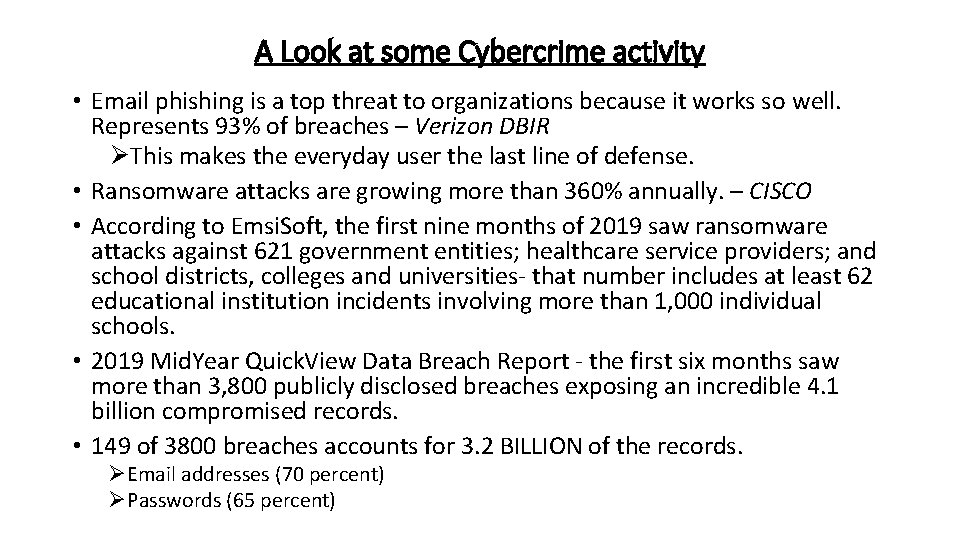 A Look at some Cybercrime activity • Email phishing is a top threat to