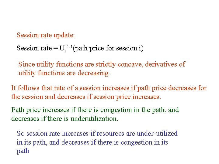 Session rate update: Session rate = Ui’-1(path price for session i) Since utility functions
