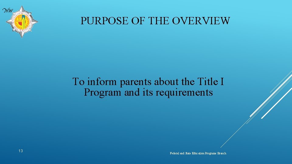 PURPOSE OF THE OVERVIEW To inform parents about the Title I Program and its