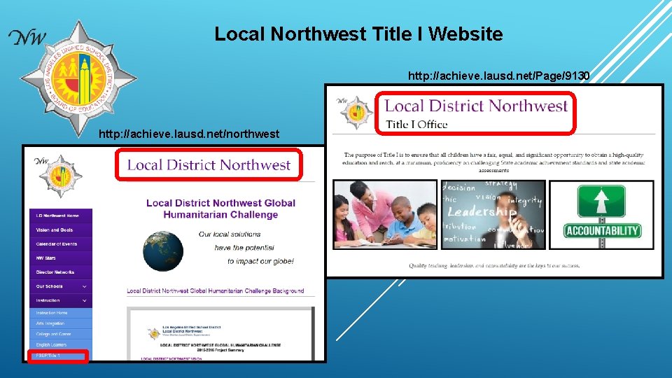 Local Northwest Title I Website http: //achieve. lausd. net/Page/9130 http: //achieve. lausd. net/northwest 
