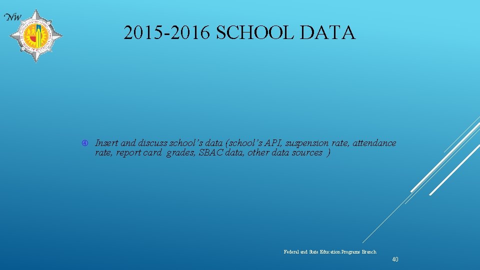 2015 -2016 SCHOOL DATA Insert and discuss school’s data (school’s API, suspension rate, attendance