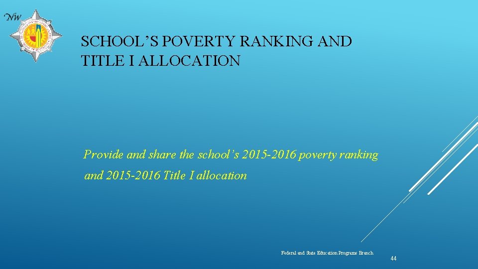 SCHOOL’S POVERTY RANKING AND TITLE I ALLOCATION Provide and share the school’s 2015 -2016