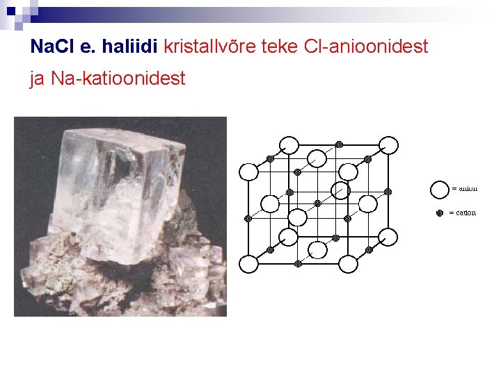 Na. Cl e. haliidi kristallvõre teke Cl-anioonidest ja Na-katioonidest 