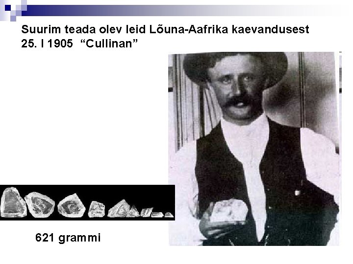 Suurim teada olev leid Lõuna-Aafrika kaevandusest 25. I 1905 “Cullinan” 621 grammi 