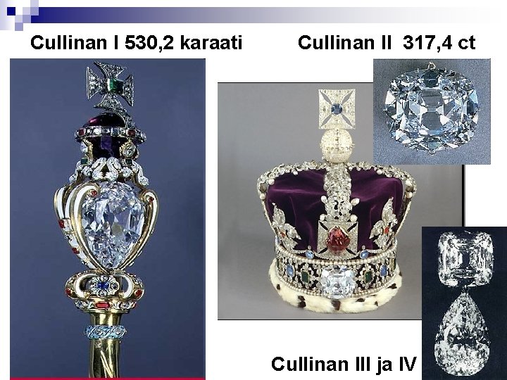 Cullinan I 530, 2 karaati Cullinan II 317, 4 ct Cullinan III ja IV