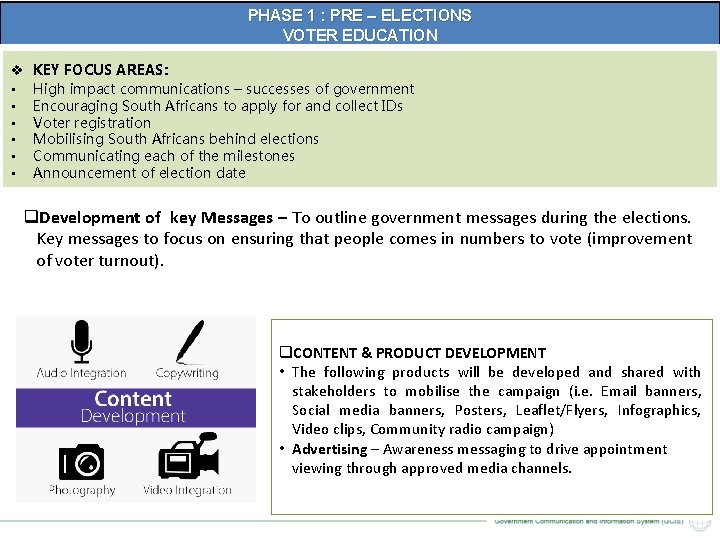 PHASE 1 : PRE – ELECTIONS VOTER EDUCATION v • • • KEY FOCUS