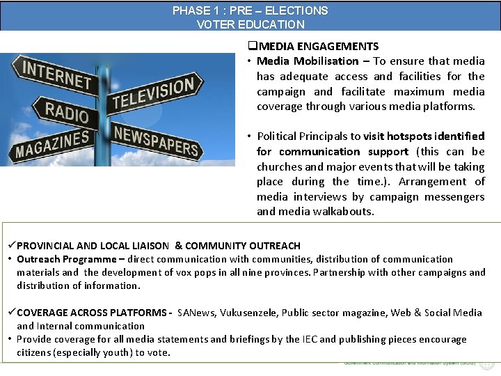 PHASE 1 : PRE – ELECTIONS VOTER EDUCATION q. MEDIA ENGAGEMENTS • Media Mobilisation