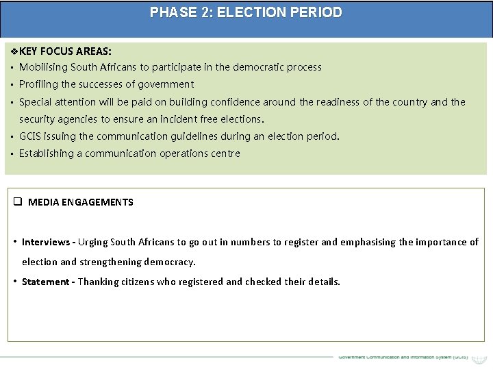 PHASE 2: ELECTION PERIOD v KEY FOCUS AREAS: • Mobilising South Africans to participate