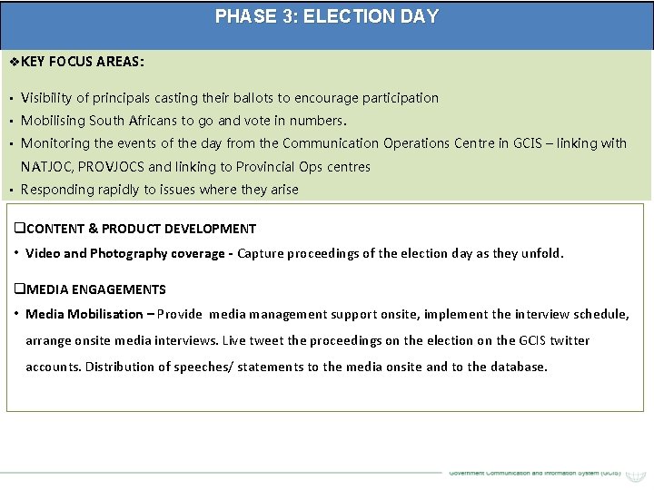 PHASE 3: ELECTION DAY v KEY FOCUS AREAS: • Visibility of principals casting their