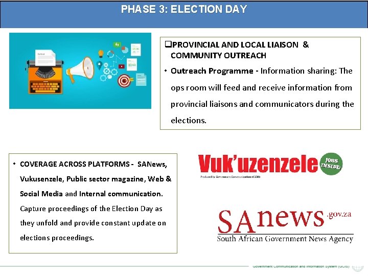 PHASE 3: ELECTION DAY q. PROVINCIAL AND LOCAL LIAISON & COMMUNITY OUTREACH • Outreach