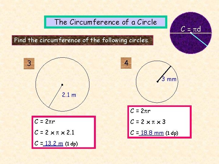 The Circumference of a Circle C = d Find the circumference of the following