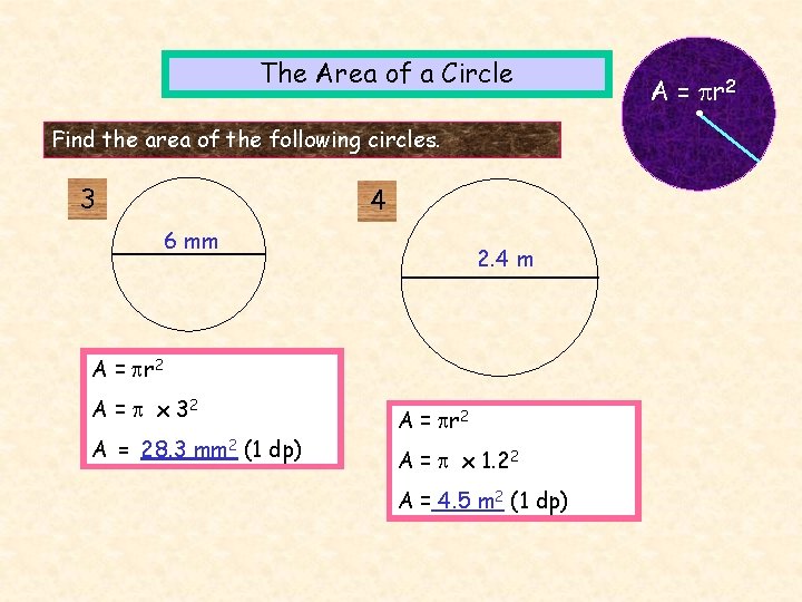 The Area of a Circle Find the area of the following circles. 3 4