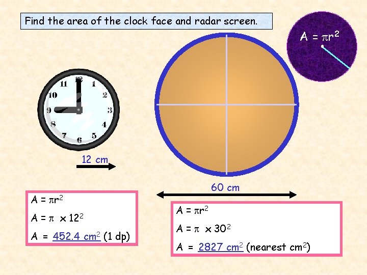 Find the area of the clock face and radar screen. A = r 2