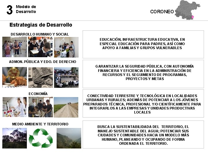 3 Modelo de Desarrollo CORONEO Estrategias de Desarrollo DESARROLLO HUMANO Y SOCIAL EDUCACIÓN, INFRAESTRUCTURA