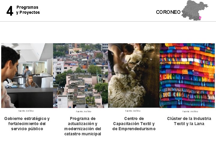 4 Programas y Proyectos Fuente: Archivo Gobierno estratégico y fortalecimiento del servicio público CORONEO