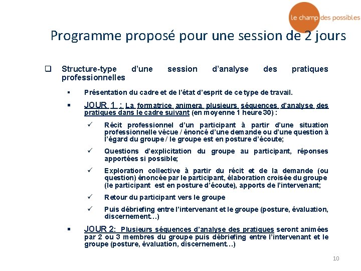 Programme proposé pour une session de 2 jours q Structure-type d’une professionnelles session d’analyse