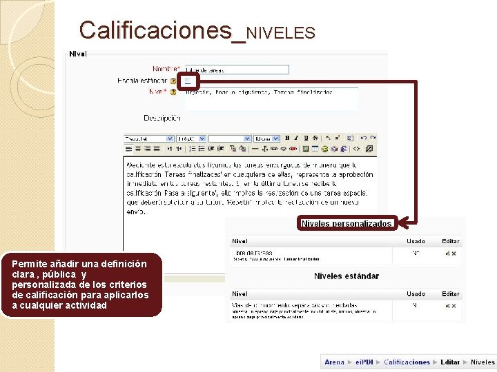 Calificaciones_NIVELES Permite añadir una definición clara , pública y personalizada de los criterios de