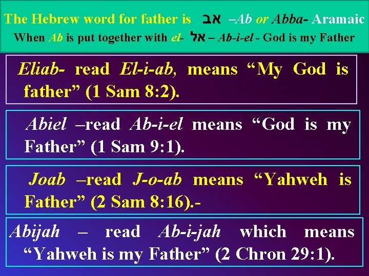 The Hebrew word for father is – אב Ab or Abba- Aramaic When Ab