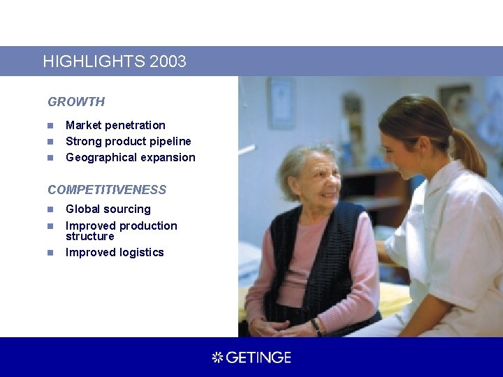HIGHLIGHTS 2003 GROWTH n n n Market penetration Strong product pipeline Geographical expansion COMPETITIVENESS