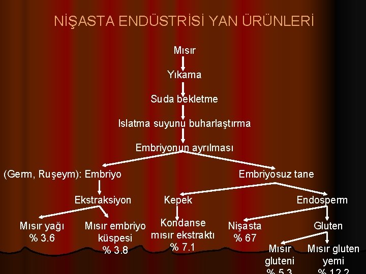 NİŞASTA ENDÜSTRİSİ YAN ÜRÜNLERİ Mısır Yıkama Suda bekletme Islatma suyunu buharlaştırma Embriyonun ayrılması (Germ,