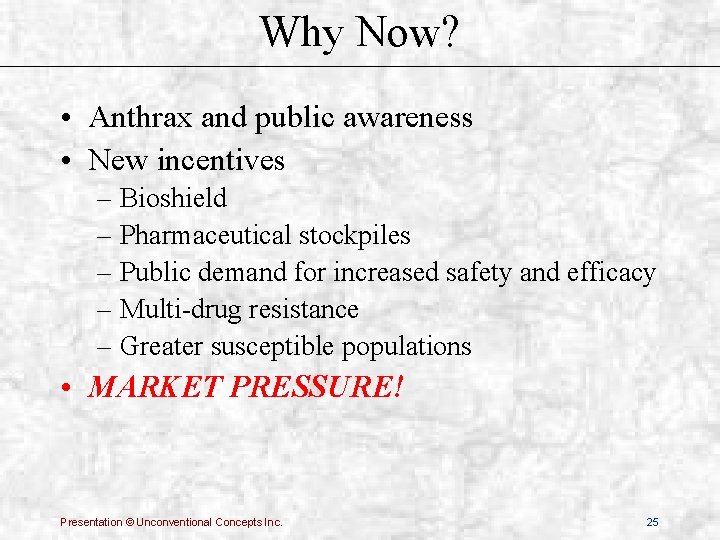 Why Now? • Anthrax and public awareness • New incentives – Bioshield – Pharmaceutical