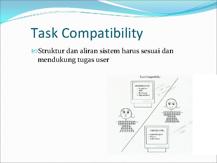 Task Compatibility Struktur dan aliran sistem harus sesuai dan mendukung tugas user 