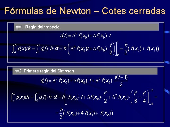 Fórmulas de Newton – Cotes cerradas n=1 Regla del trapecio. n=2 Primera regla del