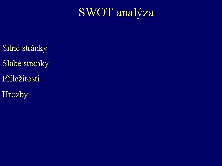 SWOT analýza Silné stránky Slabé stránky Příležitosti Hrozby 