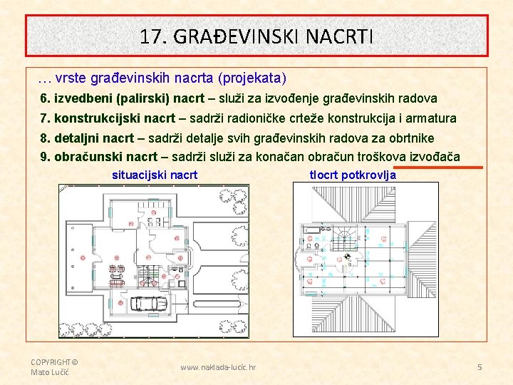 17. GRAĐEVINSKI NACRTI … vrste građevinskih nacrta (projekata) 6. izvedbeni (palirski) nacrt – služi