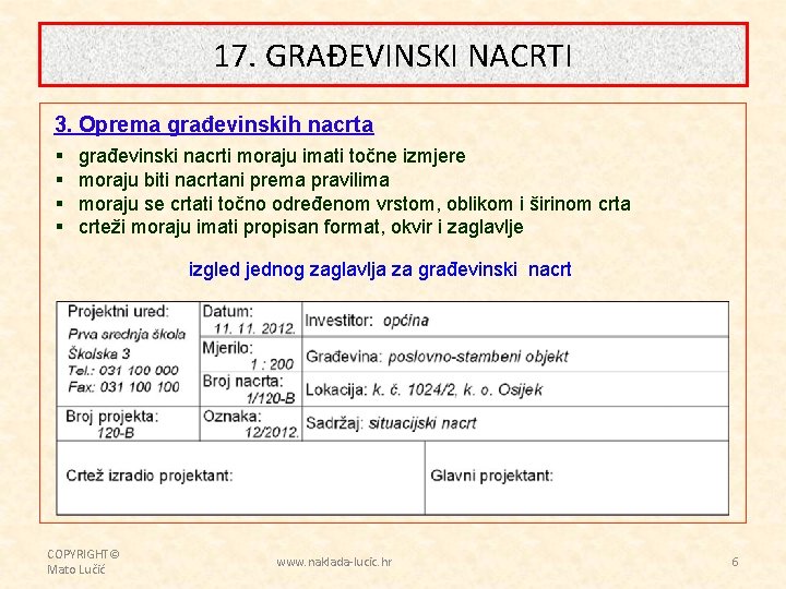 17. GRAĐEVINSKI NACRTI 3. Oprema građevinskih nacrta § § građevinski nacrti moraju imati točne