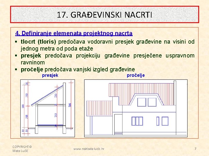 17. GRAĐEVINSKI NACRTI 4. Definiranje elemenata projektnog nacrta § tlocrt (tloris) predočava vodoravni presjek