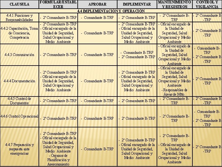 CLAUSULA FORMULAR/ESTABL ECER APROBAR IMPLEMENTAR MANTENIMIENTO Y REGISTROS CONTROL Y VIGILANCIA - 2º Comandante