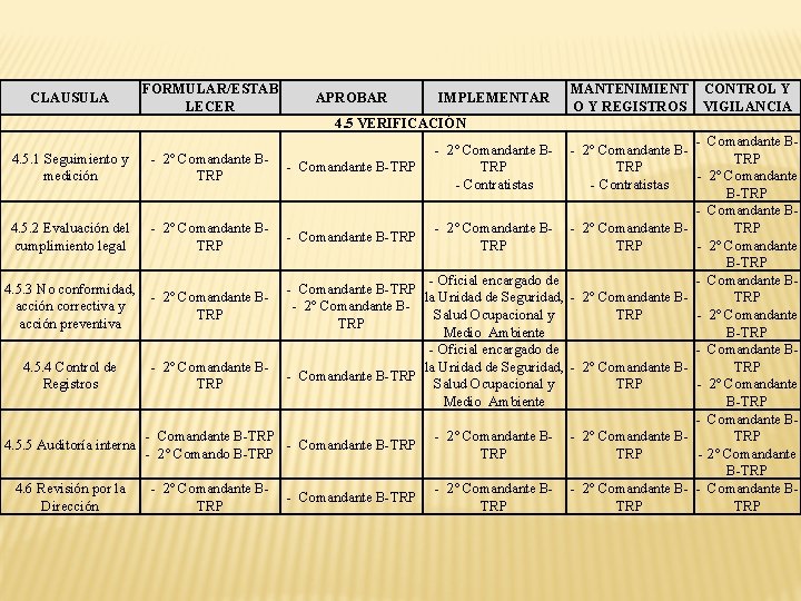 CLAUSULA FORMULAR/ESTAB LECER APROBAR IMPLEMENTAR MANTENIMIENT CONTROL Y O Y REGISTROS VIGILANCIA 4. 5