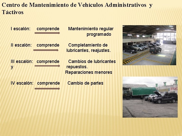 Centro de Mantenimiento de Vehículos Administrativos y Táctivos I escalón: comprende III escalón: comprende