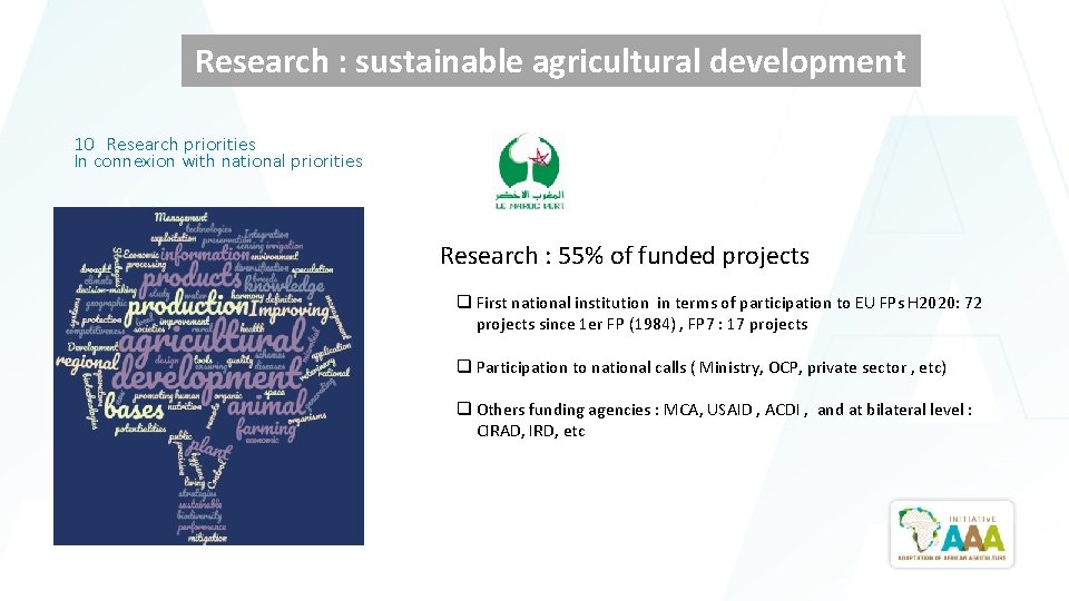 Research : sustainable agricultural development 10 Research priorities In connexion with national priorities Research