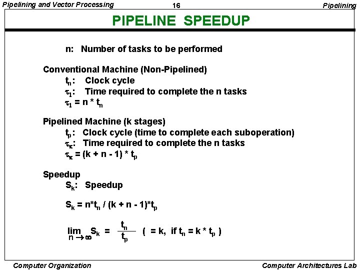 Pipelining and Vector Processing 16 Pipelining PIPELINE SPEEDUP n: Number of tasks to be