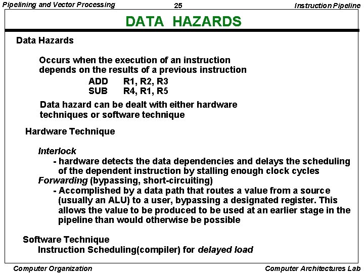 Pipelining and Vector Processing 25 Instruction Pipeline DATA HAZARDS Data Hazards Occurs when the