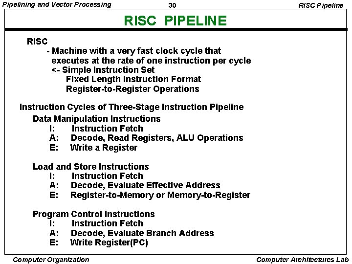 Pipelining and Vector Processing 30 RISC Pipeline RISC PIPELINE RISC - Machine with a