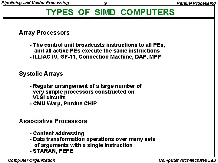 Pipelining and Vector Processing 9 Parallel Processing TYPES OF SIMD COMPUTERS Array Processors -